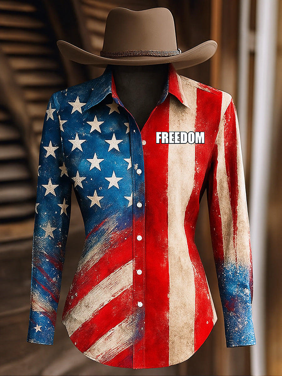 Women's Retro Freedom American Flag Print Long Sleeves Shirt